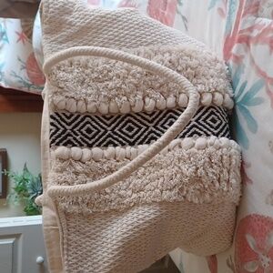 Magid Boho Woven Ivory Pompom Rope Handle Tote